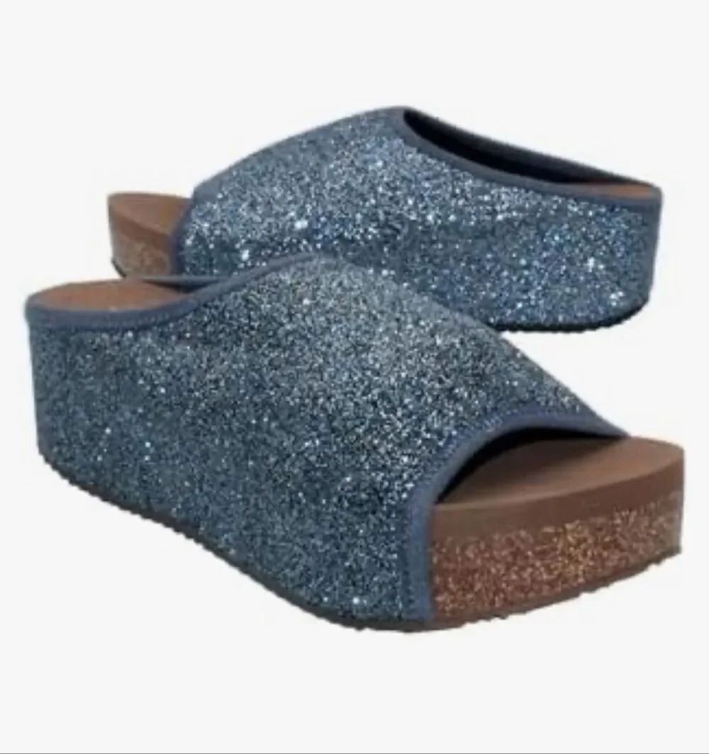 Volatile Festina Wedge Navy Glitter Sandals sz 10 NEW